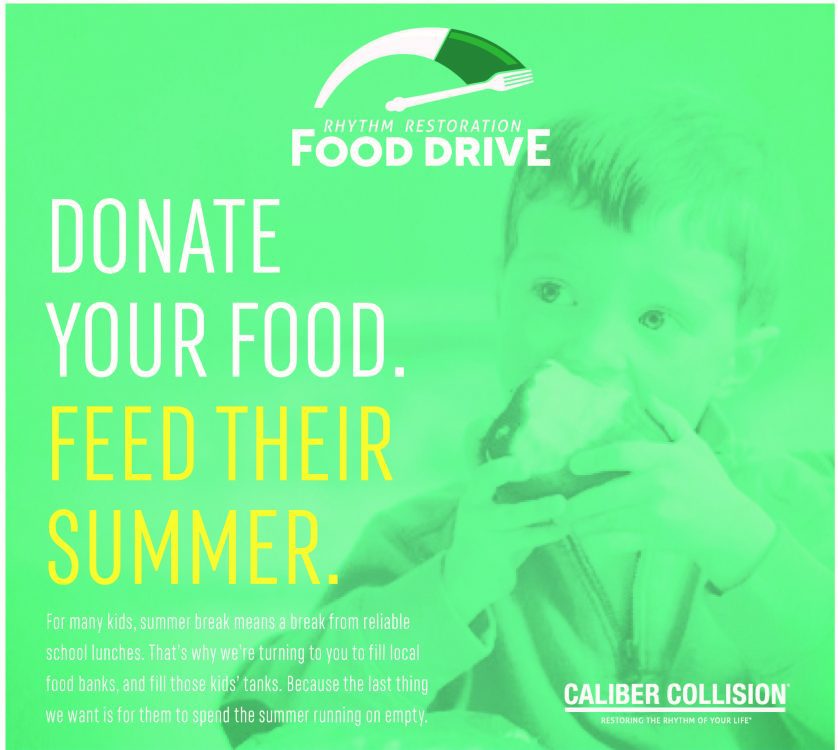 A green poster with the words " donate your food, feed their summer ".