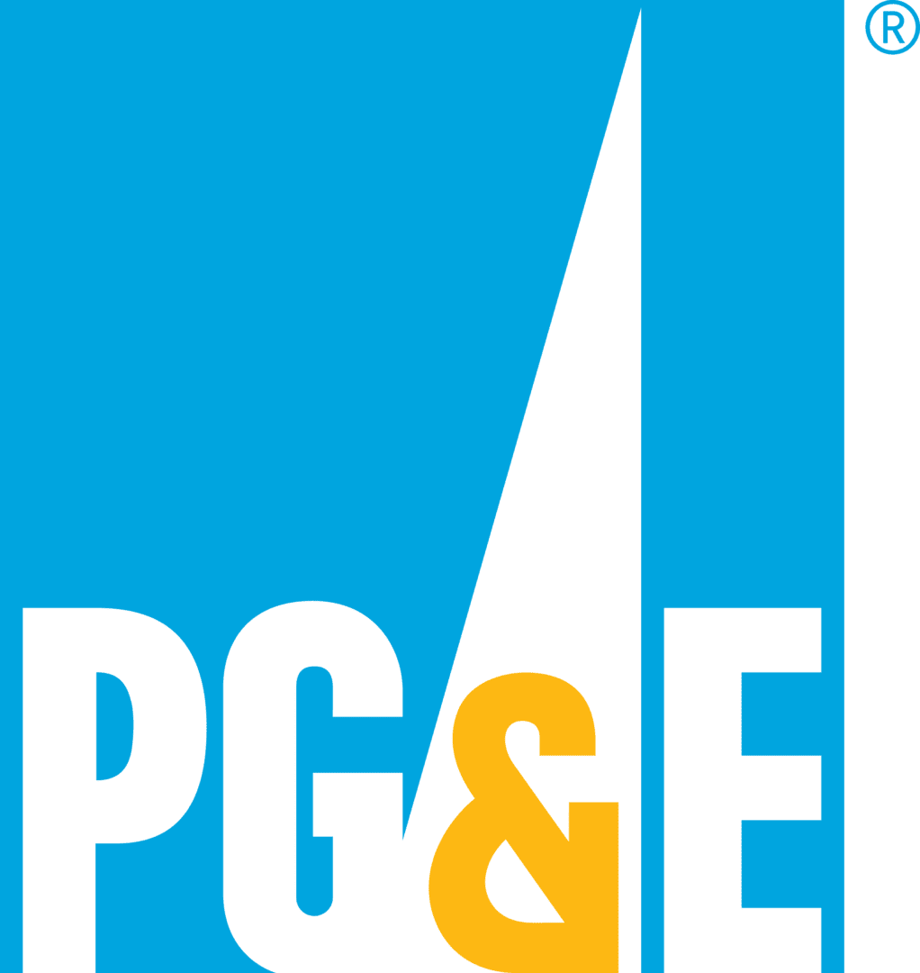 A blue and green logo for pg & e.