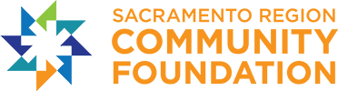 A green background with orange letters that say sacramento community foundation.