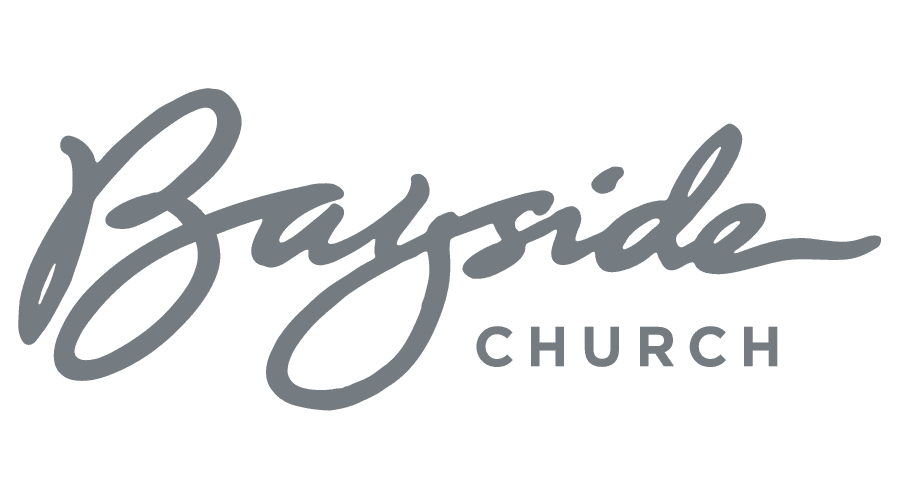 A gray and white logo of the bayside church.